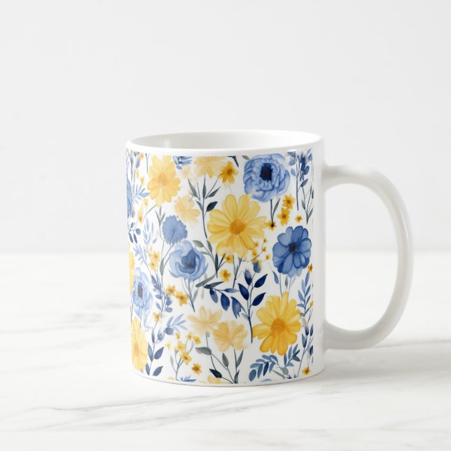 Taza De Café Floral azul y amarilla (Derecha)