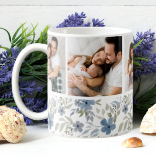 Taza De Café Floral azul y verde 4 Personalizado de Collage de