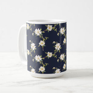 Taza De Café Floral blanca azul marina