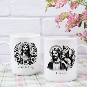 Taza De Café Floral blanca negra Jesucristo Ángel guardián