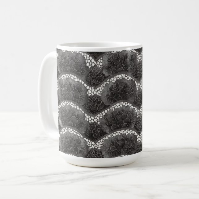 Taza De Café Floral Blanco Negro Chic  (Anverso izquierdo)