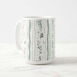 Taza De Café Floral Blanco Verde Natural Hojas Abstracto