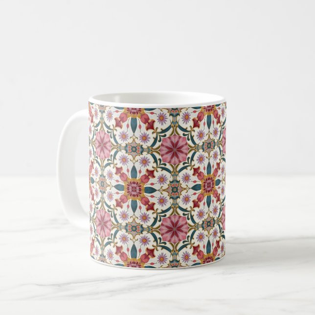 Taza De Café Floral Boho Pattern in Red, Pink & Teal (Anverso izquierdo)