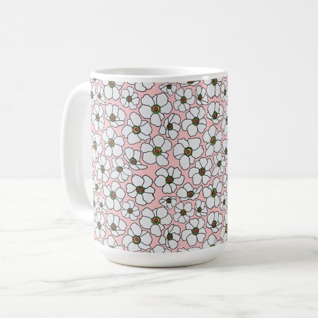 Taza De Café Floral Boho Rosa y Blanco  (Anverso izquierdo)
