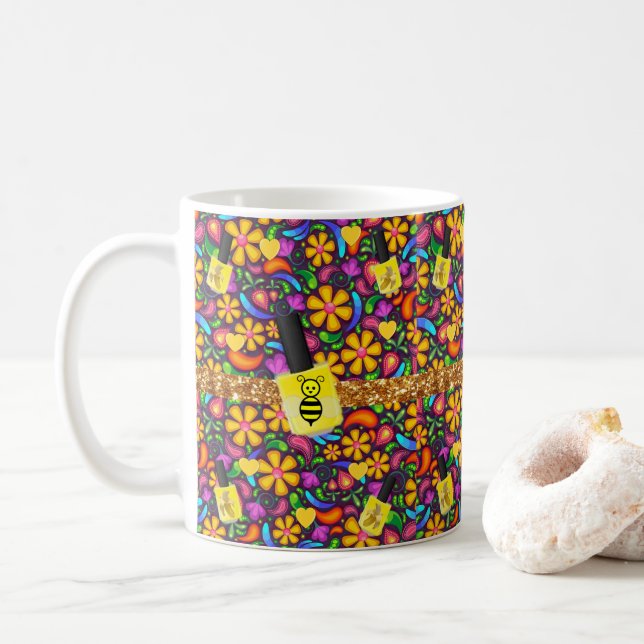 Taza De Café Floral Bumblebee Yellow Nail Polaco Mug (Con donut)
