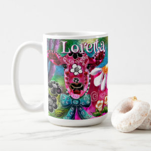 Taza De Café Floral Caprichoso Vaca Rosa Teal Negro Personaliza