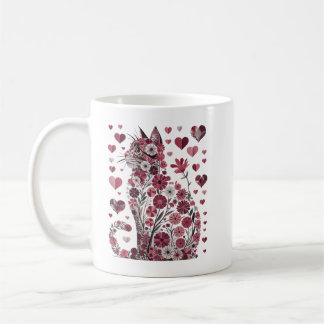 Taza De Café Floral Cat Heart Romantic Aesthetic Love Art