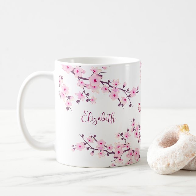 Taza De Café Floral Cerezo Blossom Monograma Blanco Rosa (Con donut)