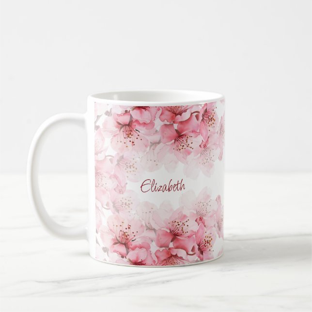 Taza De Café Floral Cerezo Blossom Nombre Monograma Mug (Izquierda)