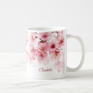 Taza De Café Floral Cerezo Blossom Nombre Monograma Mug