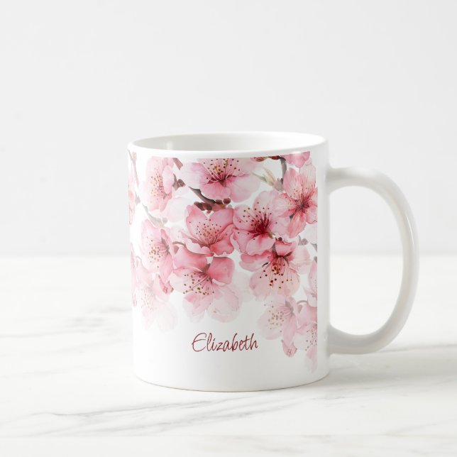 Taza De Café Floral Cerezo Blossom Nombre Monograma Mug (Derecha)