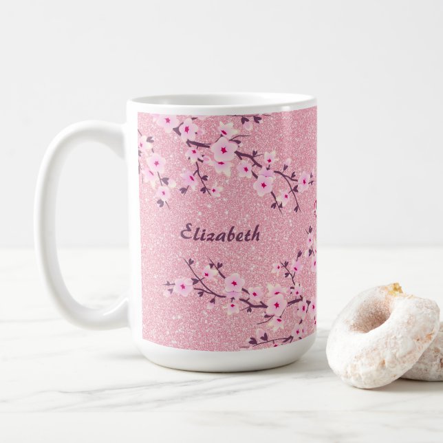 Taza De Café Floral Cerezo en flor Monograma Café Purpurina ros (Con donut)