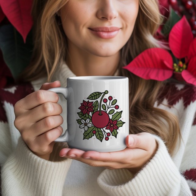 Taza De Café Floral cherry with poinsettia festive botanical (Subido por el creador)