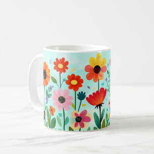 Taza De Café Floral Colorido, Folk Vibrante y Bonito