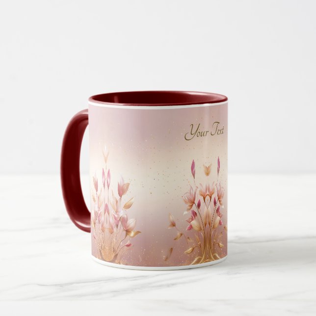 Taza de café floral con hojas doradas rosadas (Anverso izquierdo)