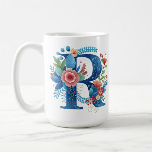 Taza de café floral con la letra R y nombre person