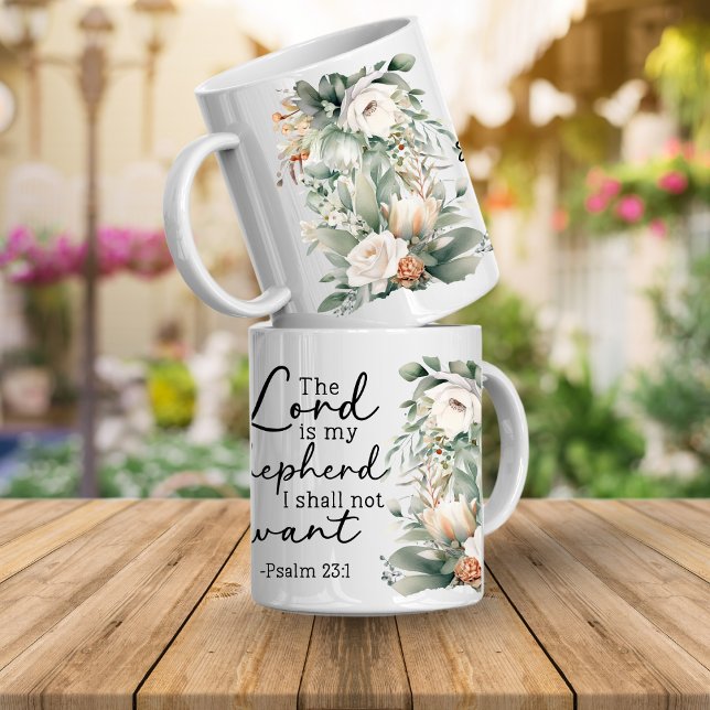 Taza de café floral con versículo de Salmos (Psalms bible verse Mug. The Lord id my shepherd i shall not want Psalms 23:1)