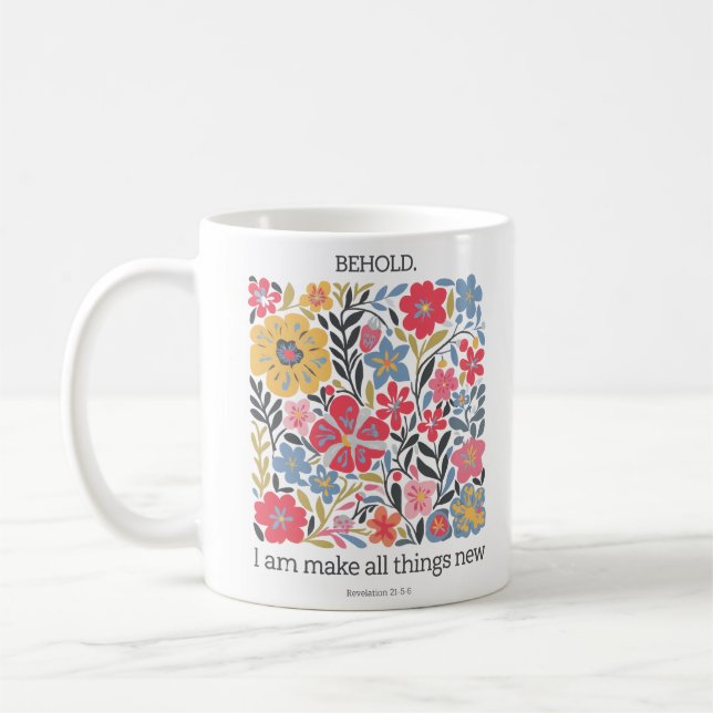 Taza De Café Floral cristiana | Nuevos comienzos cita de Jesús (Izquierda)