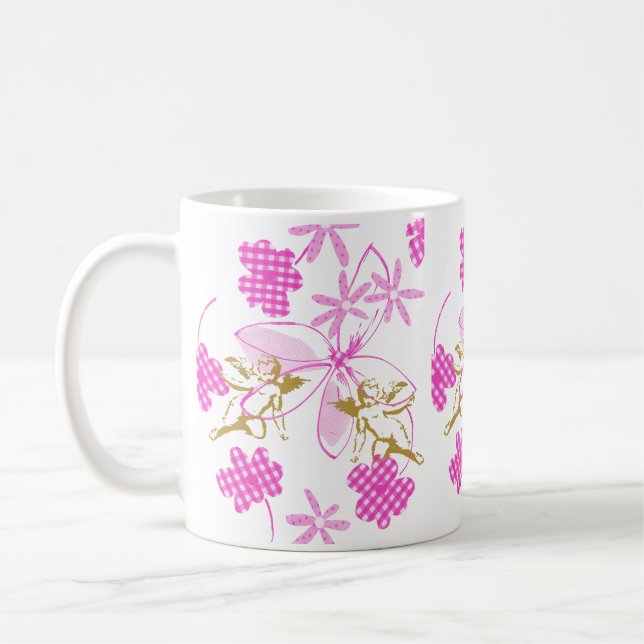 Taza De Café Floral de Cupido Gingham (Izquierda)