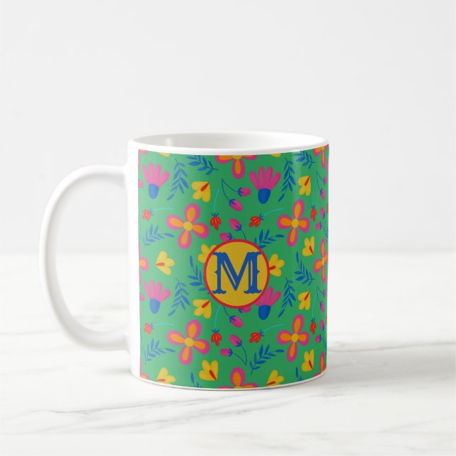 Taza De Café Floral de Fiesta Verde Personalizada Inicial (Izquierda)