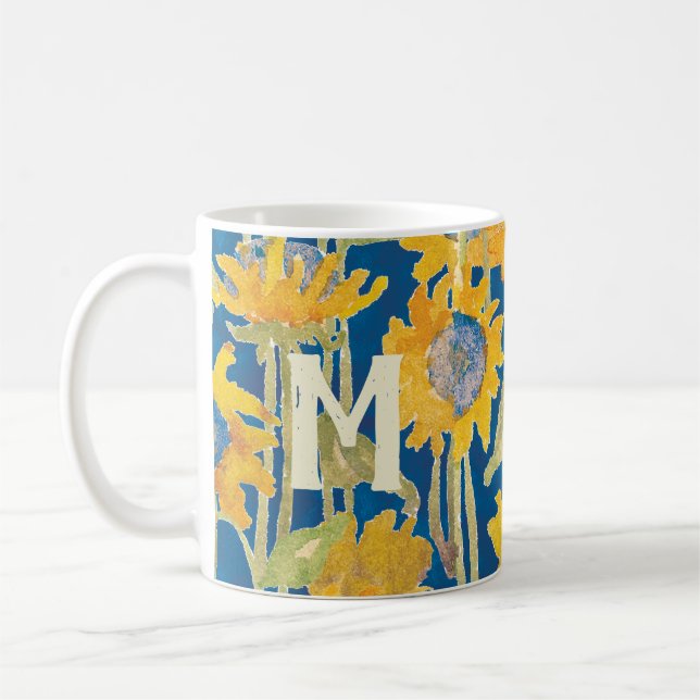 Taza De Café Floral de girasol amarillo monogramado inicial (Izquierda)