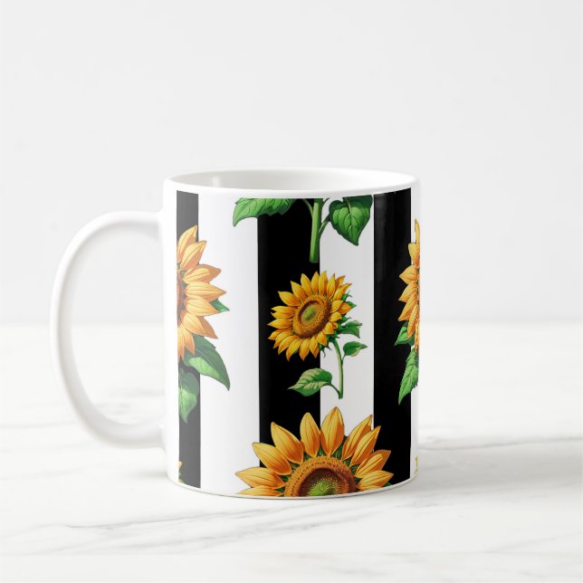 Taza De Café Floral de girasol franjas blancas negras (Izquierda)