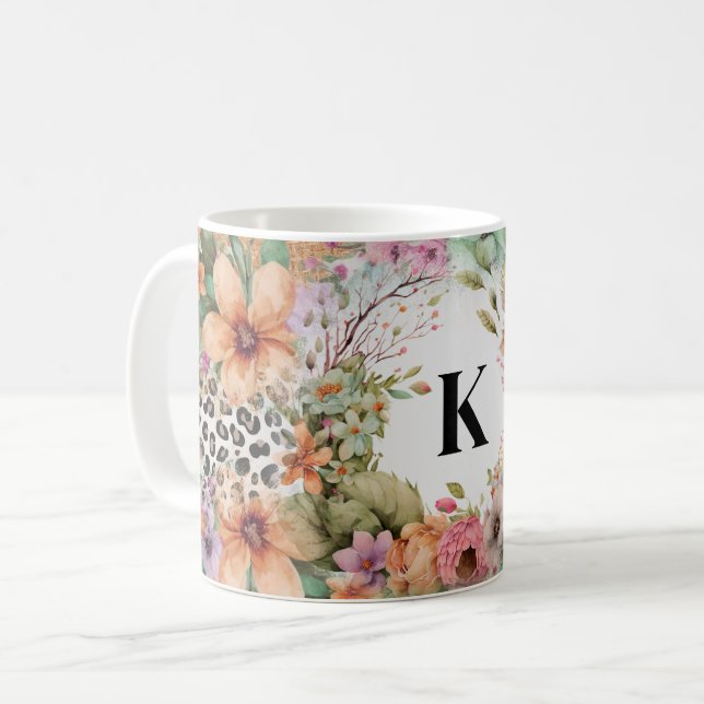 Taza De Café Floral de impresión de leopardo monogramado (Anverso izquierdo)