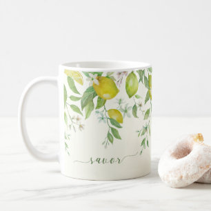 Taza de café floral de limón acuarela