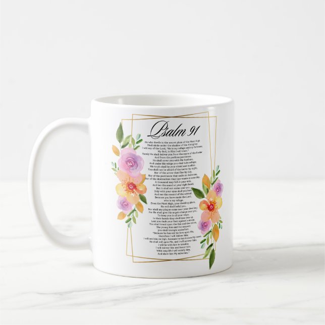 Taza De Café Floral de marco geométrico Psalm 91 (Izquierda)