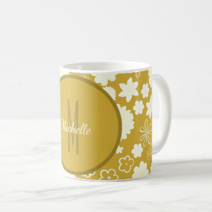 TAZA DE CAFÉ FLORAL DE MONOGRAMA DE FLORES DE FLORES DE ORO LUJ