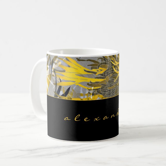 Taza De Café Floral de oro negro y gris abstracto | Nombre | Sc (Anverso izquierdo)