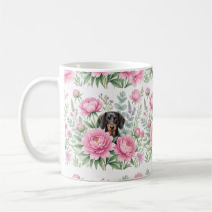 Taza de café floral de peonía rosa con dachshund a