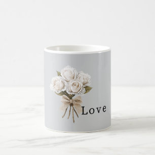 Taza De Café Floral de Rosas Blancas de Encaje Falso Gris Bonit