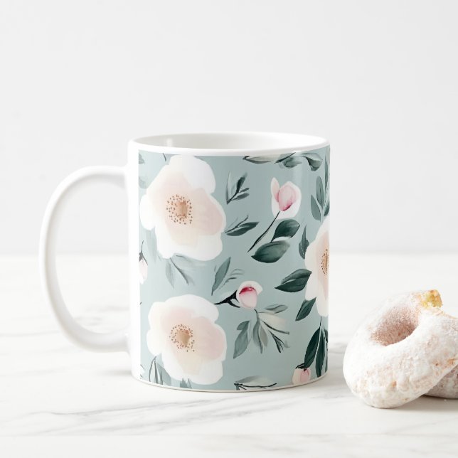 Taza De Café Floral de Sage Green White Peonies (Con donut)