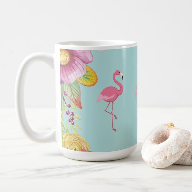 Taza de café floral del flamenco (Con donut)