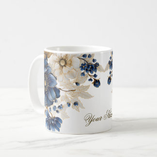Taza De Café Floral dorada azul azul de la Marina de color de a
