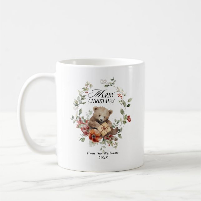 Taza De Café Floral Elegante acuarela Feliz Deseos navideños (Izquierda)
