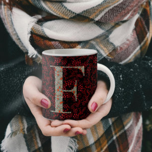 Taza De Café Floral Elegante Clásico Monograma F rojo con frase