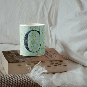 Taza De Café Floral elegante Monograma C azul con frase