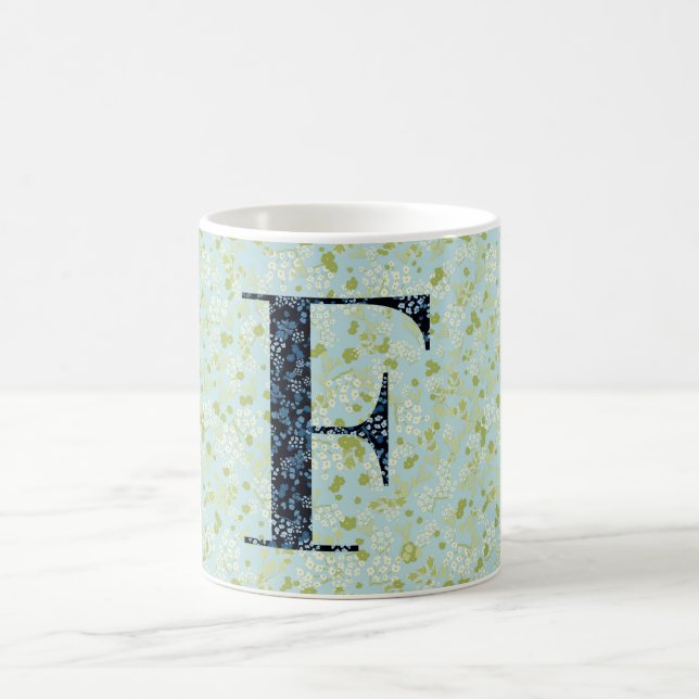 Taza De Café Floral Elegante Monograma Clásico F azul w/frase (Centro)