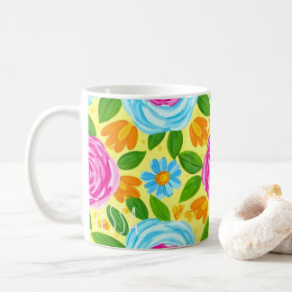 Taza De Café Floral en Acuarela Vibrante Rosa y Azul