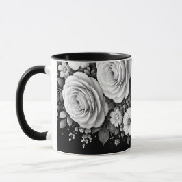 Taza de café floral en blanco y negro