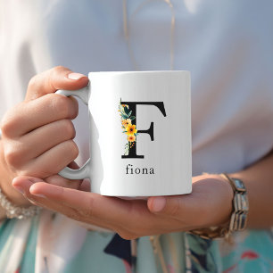 Taza De Café Floral F Monograma Mug con nombre editable