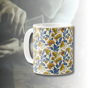 Taza De Café Floral Folk Naranja Amarillo Antiguo Hoja Azul