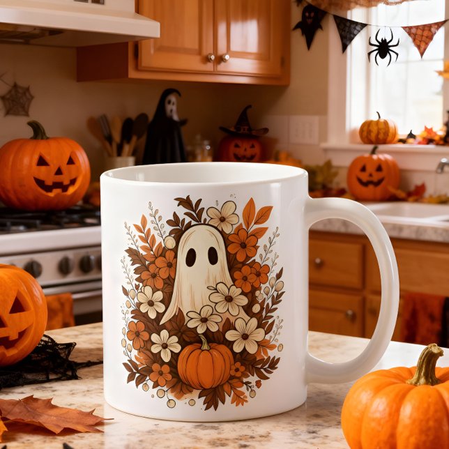Taza De Café Floral Ghost Halloween Spooky Floral Autumn Gift (Subido por el creador)
