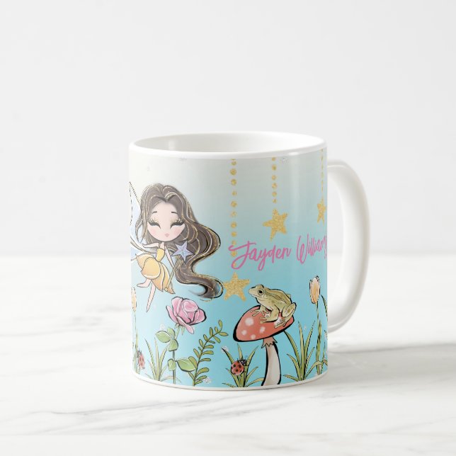 Taza De Café Floral Hada Marrón Chica de pelo  Nombre personali (Anverso derecho)