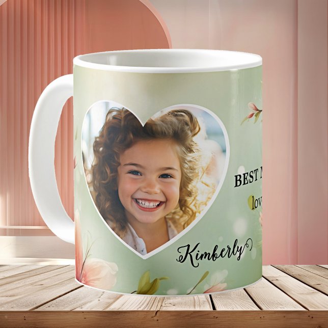 Taza De Café Floral Heart Best Mom Ever Photo Mug (Best Mom ever mug featuring your custom photo in a heart shaped frame on an elegant floral design)