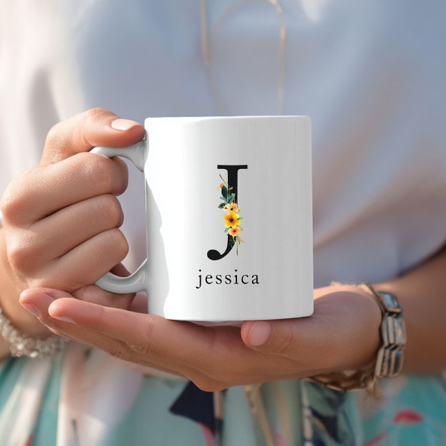 Taza De Café Floral J Monograma Mug con nombre editable (Floral J Monogram Mug with Editable Name. Yellow, Orange & Greenery Watercolor Flowers.)
