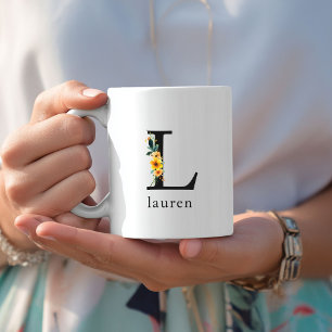 Taza De Café Floral L Monograma Mug con nombre editable