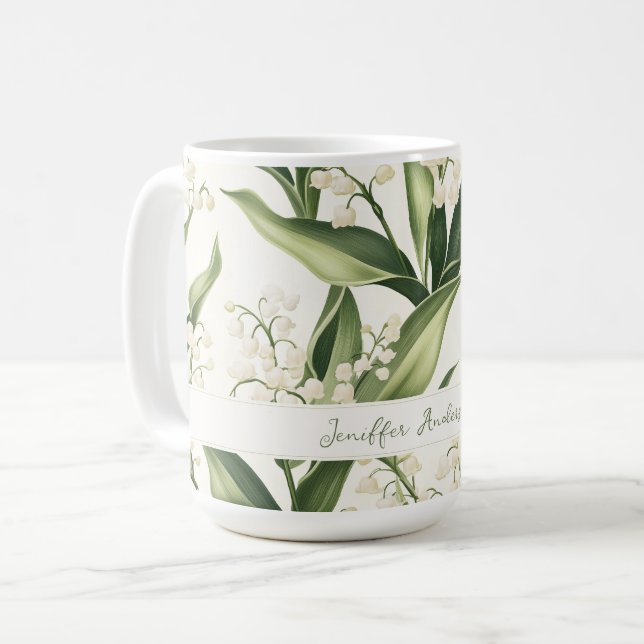 Taza De Café Floral Lily of the Valley with Custom Name (Anverso izquierdo)